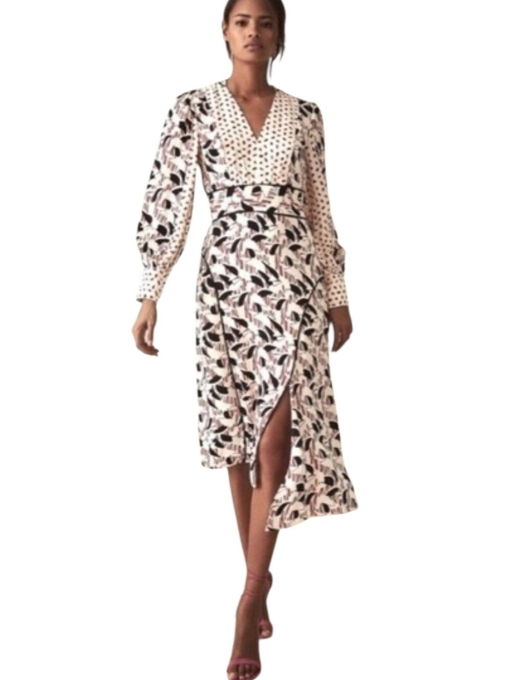Reiss Emmi Cream & Red Print Chiffon Midi Asymetrical Dress Size 8